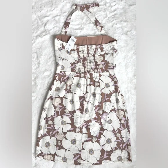 NWT A&F light brown floral print Halter Linen-Blend Mini Dress - Picture 4 of 12